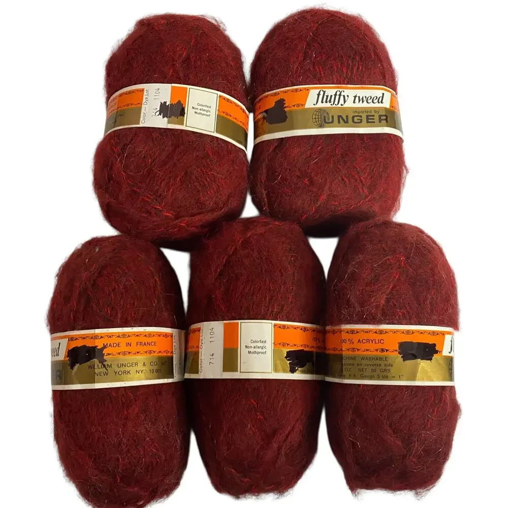 5 Skeins Unger Fluffy Tweed Yarn Red 714 Acrylic France 1.75oz Each Vintage